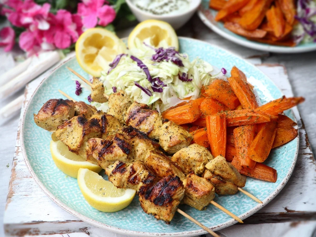Puten-Souvlaki mit Röstkarotten & Spitzkohlsalat - Beitragsbild