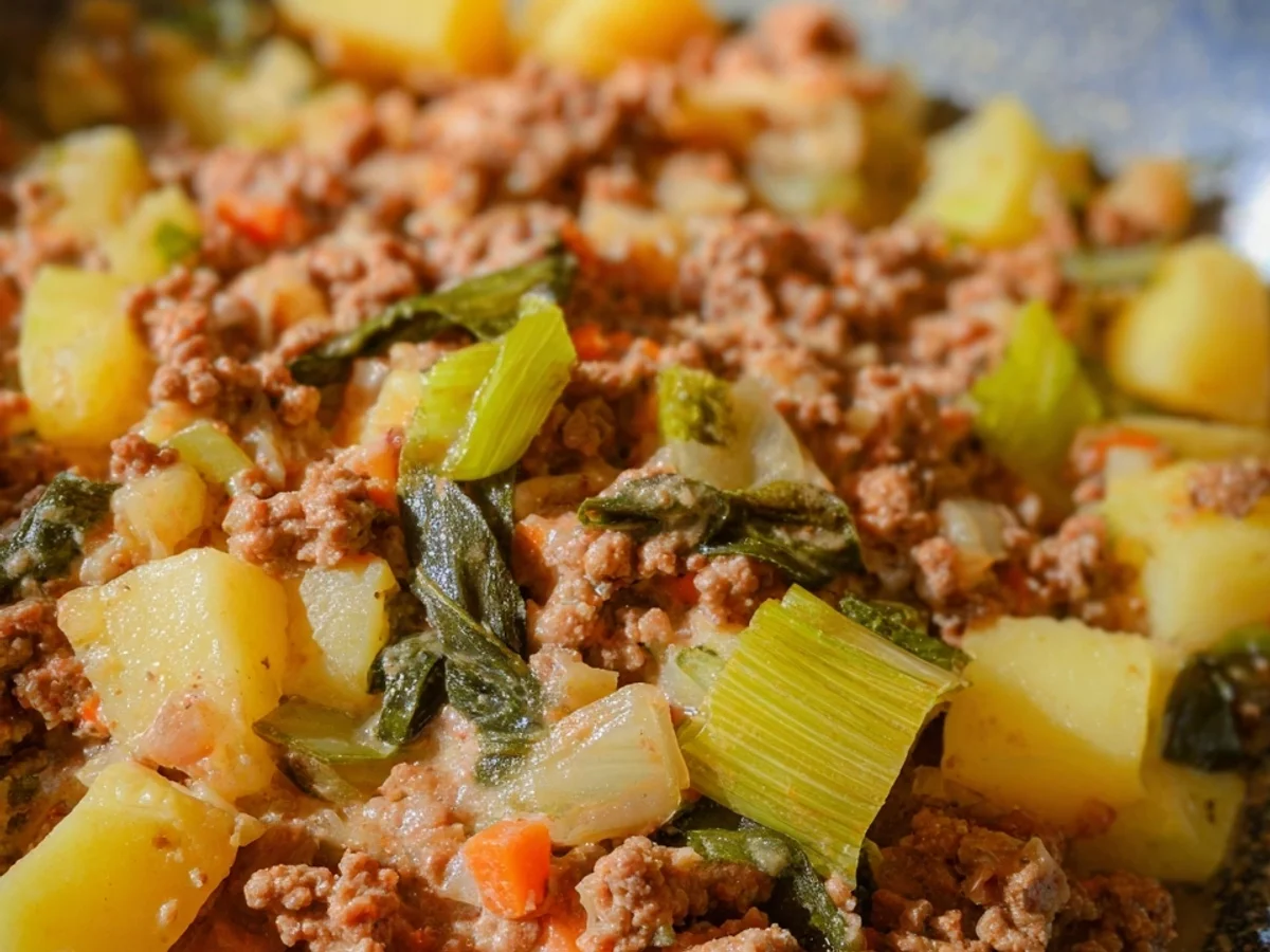 Schnelle Hackfleisch-Lauch-Pfanne mit Kartoffeln - Beitragsbild