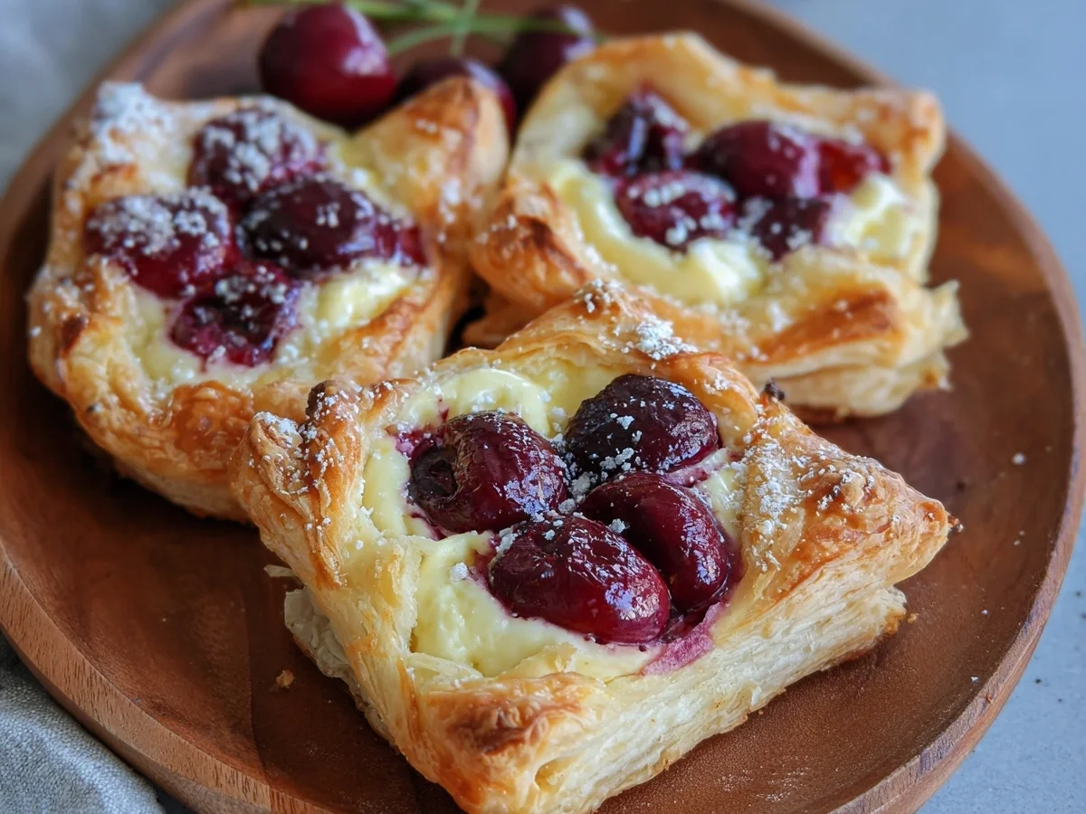 Schnelle Käsekuchen-Blätterteigteilchen mit Kirschen - Beitragsbild
