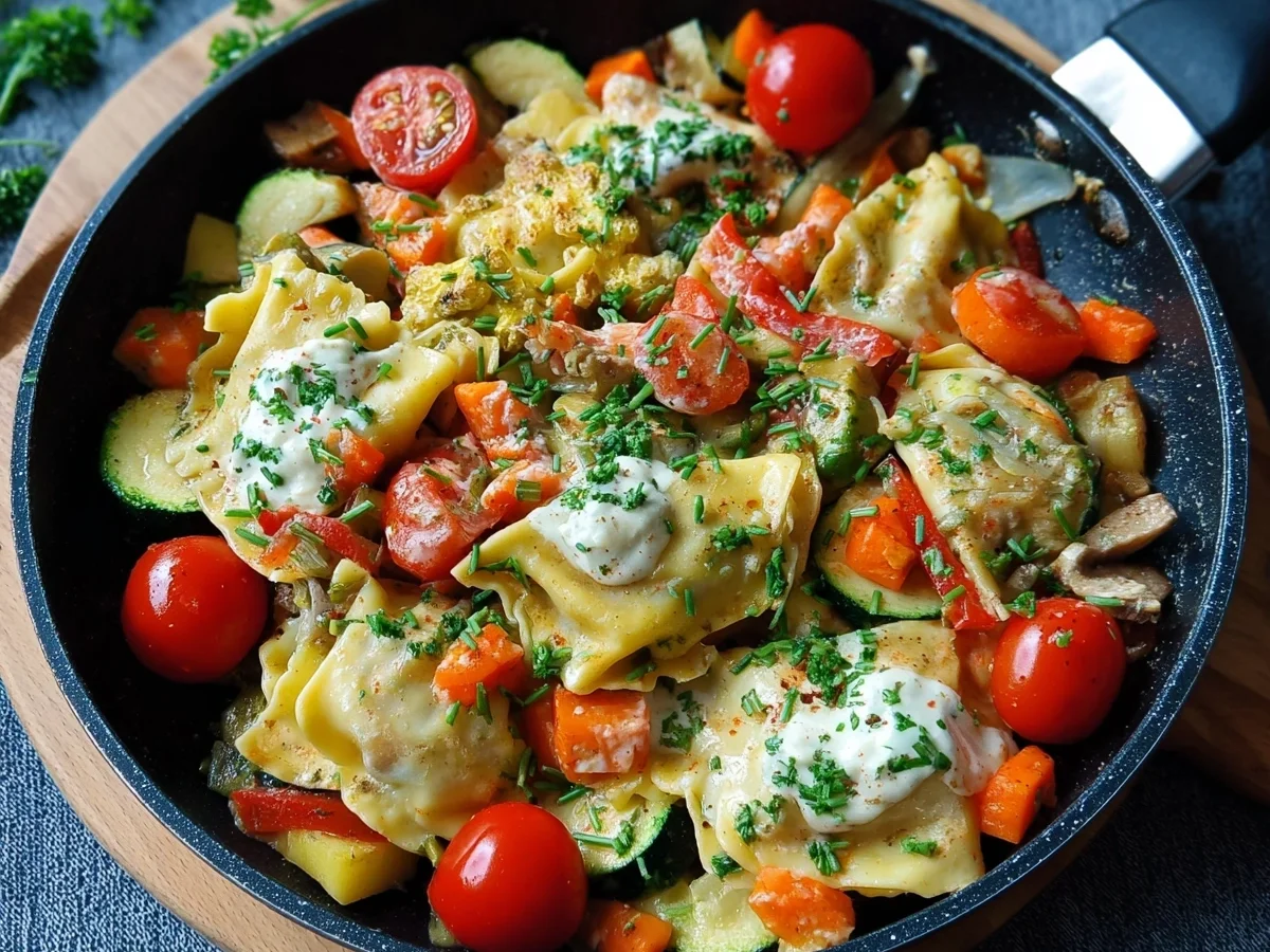 Schnelle Maultaschen-Pfanne mit frischem Gemüse - Beitragsbild