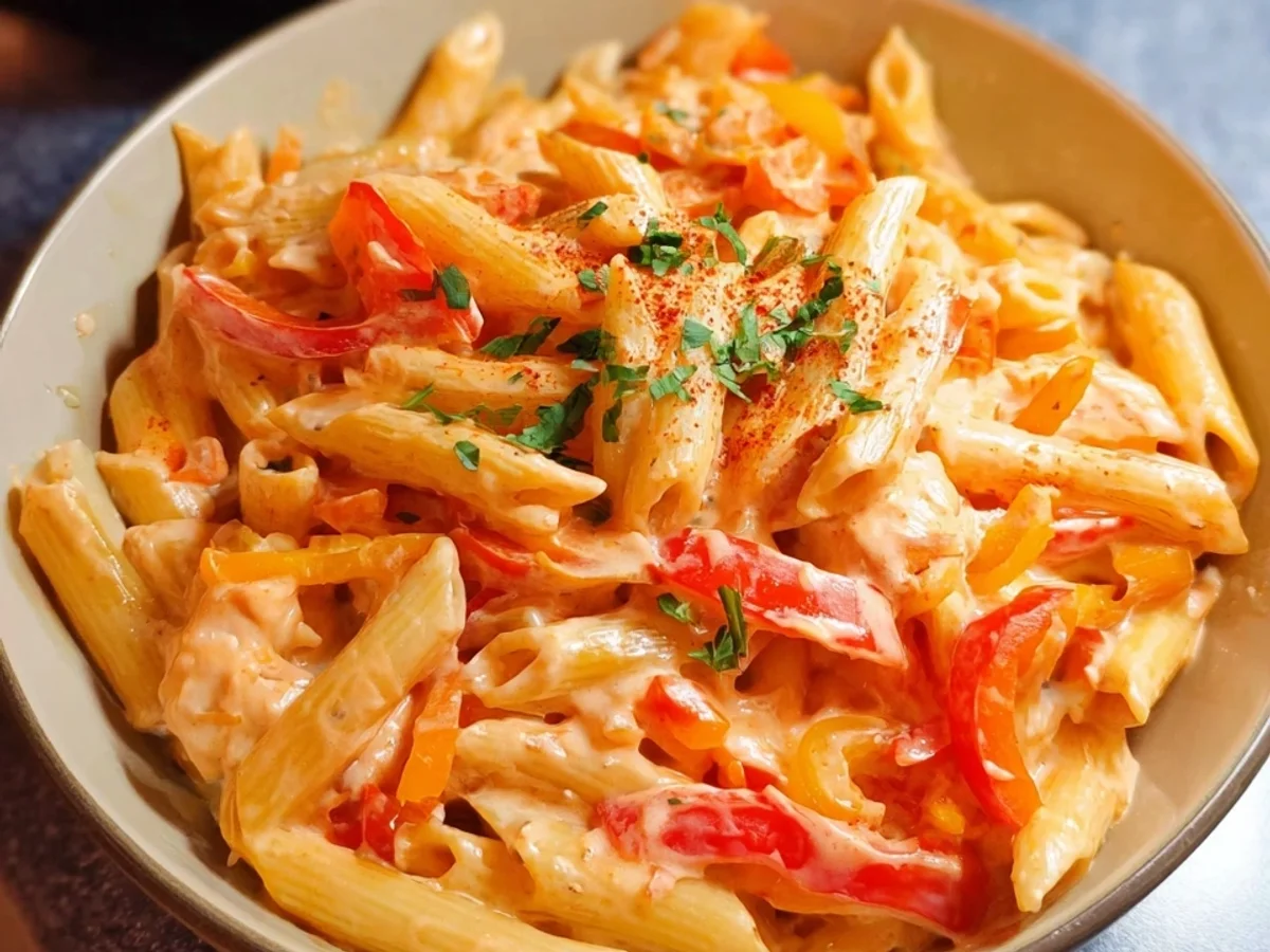 Schnelle Pasta mit Paprika-Sahne-Soße in 20 Minuten - Beitragsbild