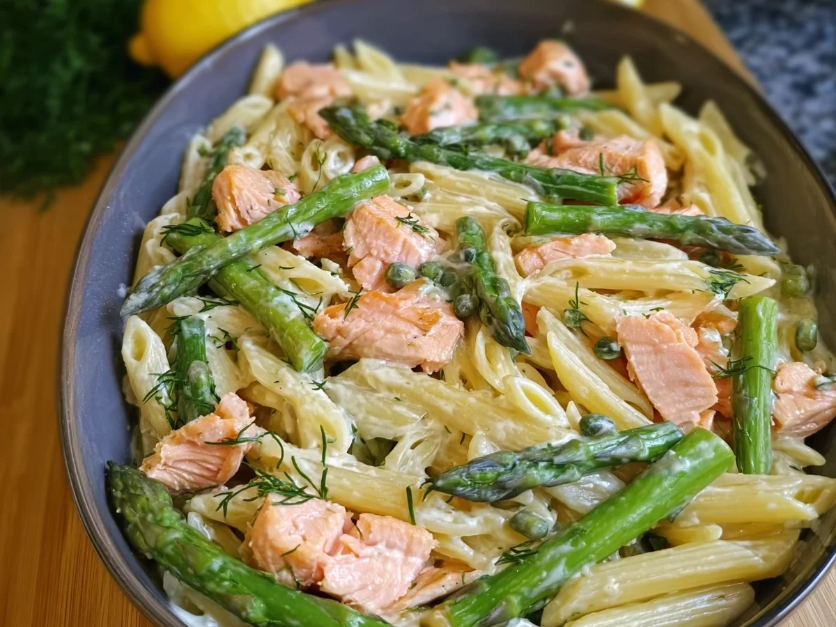 Schnelle Spargel Pasta mit Lachs aus dem Ofen - Beitragsbild