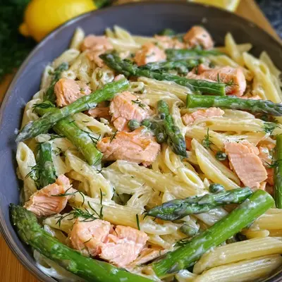 Schnelle Spargel Pasta mit Lachs aus dem Ofen