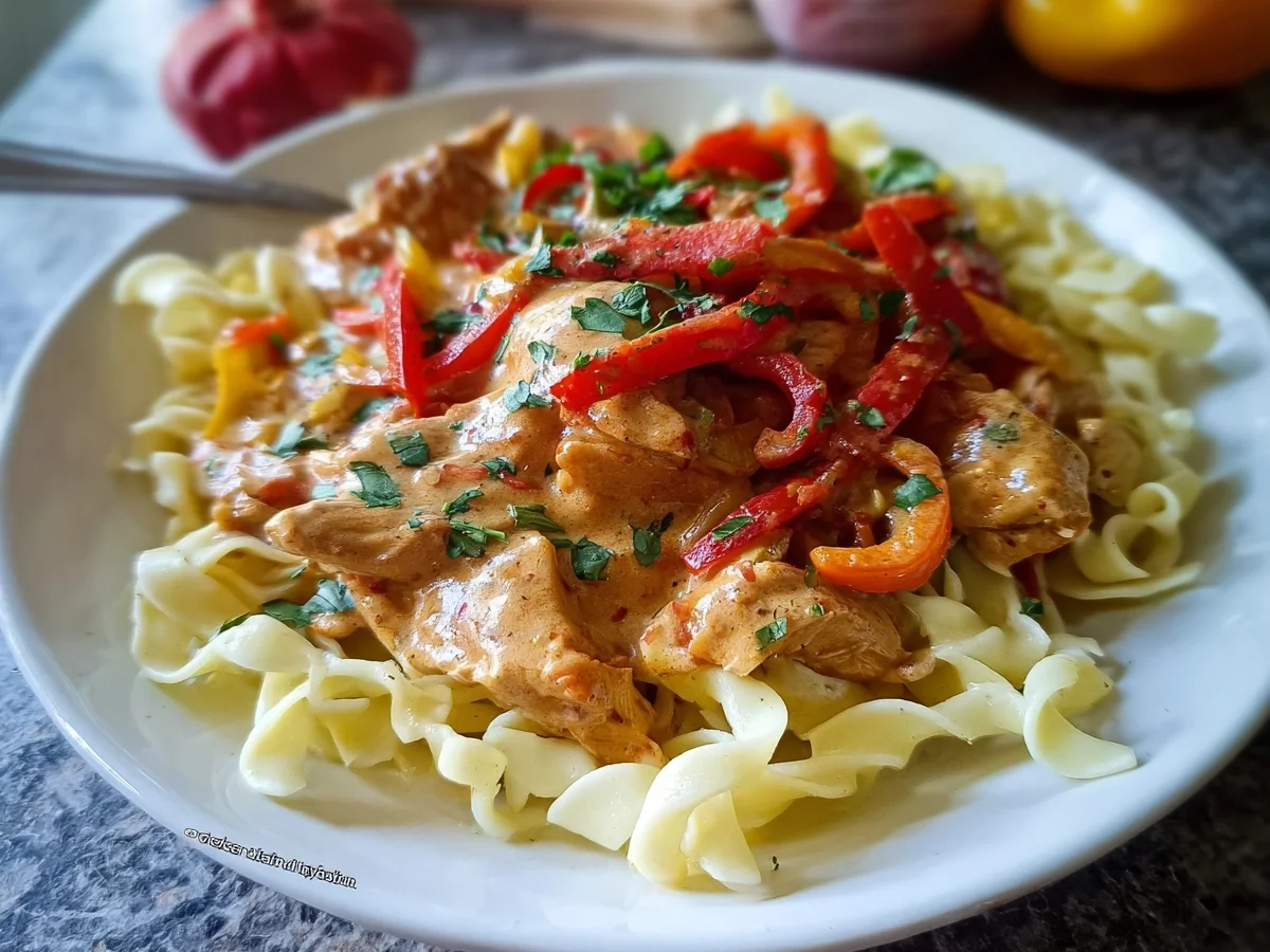 Schnelles Paprika Sahne Hähnchen mit Bandnudeln - Beitragsbild