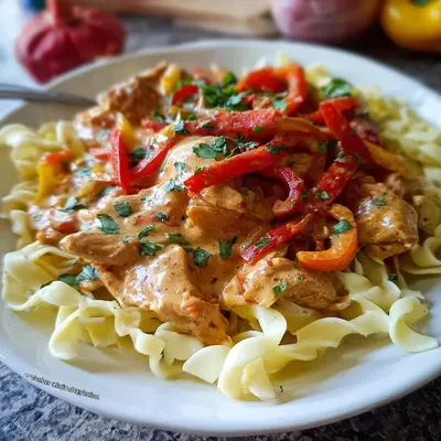Schnelles Paprika Sahne Hähnchen mit Bandnudeln