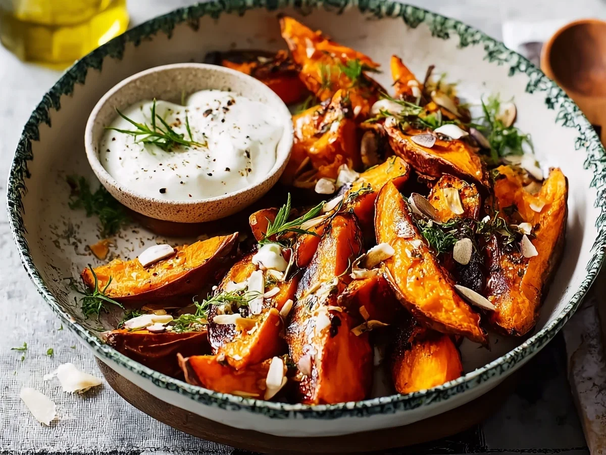 Süßkartoffeln vom Blech mit Knobidip | Vegetarisch - Beitragsbild