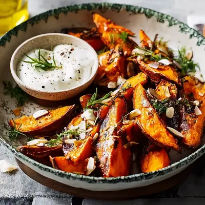 Süßkartoffeln vom Blech mit Knobidip | Vegetarisch