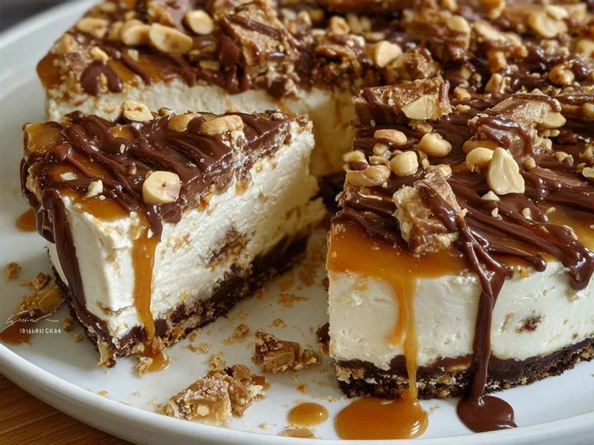 Snickers Cheesecake: No-Bake Rezept mit Karamell & Erdnüssen - Beitragsbild