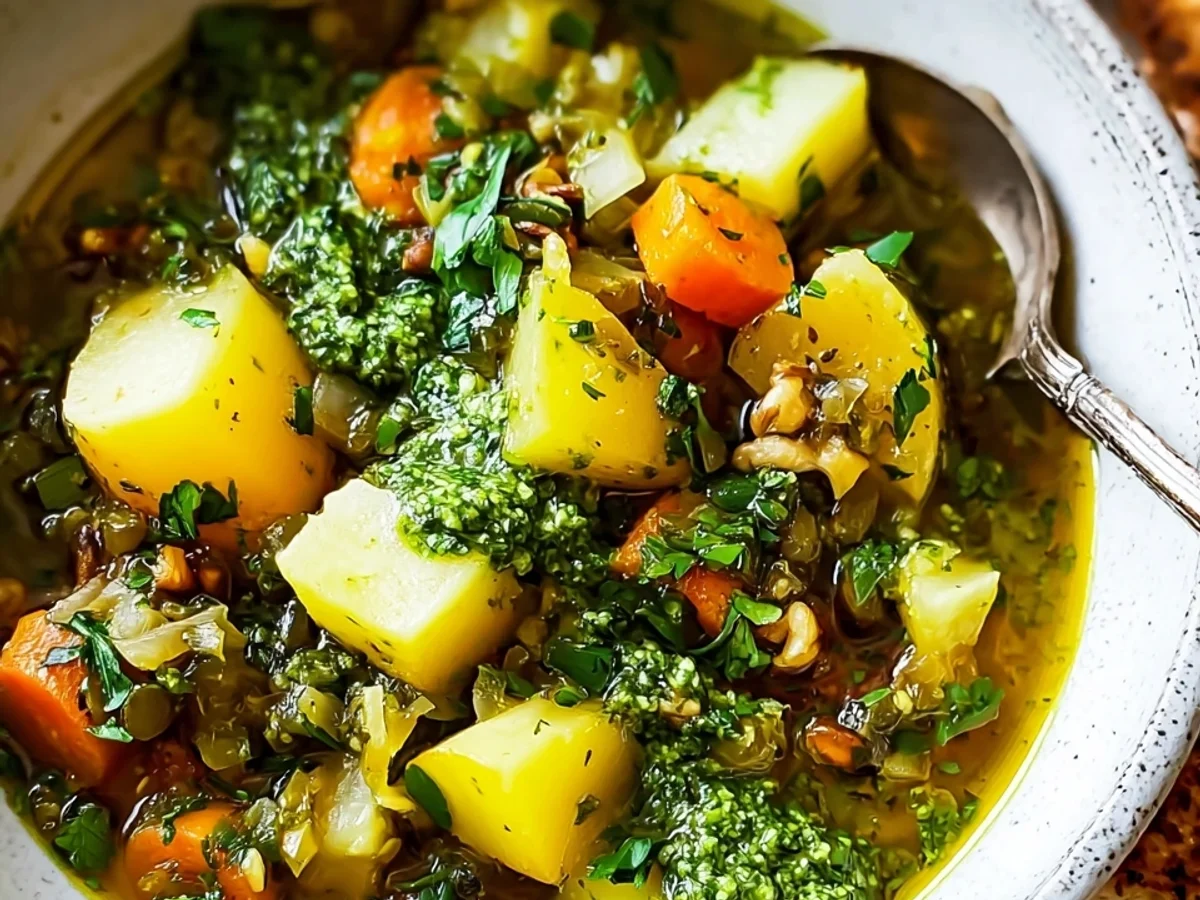 Veganer Kartoffel-Gemüse-Topf mit frischem Petersilienpesto - Beitragsbild