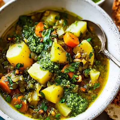 Veganer Kartoffel-Gemüse-Topf mit frischem Petersilienpesto