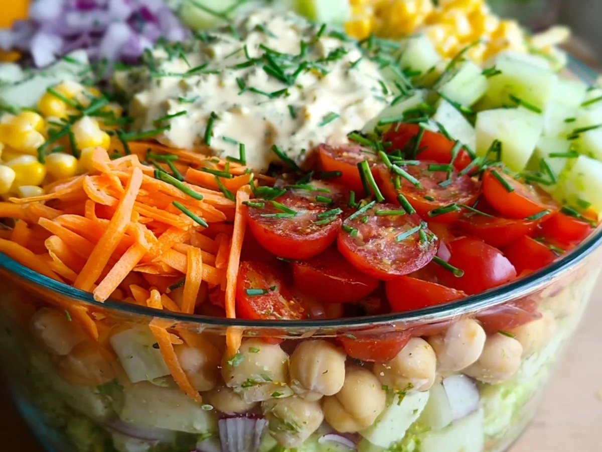 Veganer Schichtsalat: Cremig, Schnell & Partyfreundlich - Beitragsbild