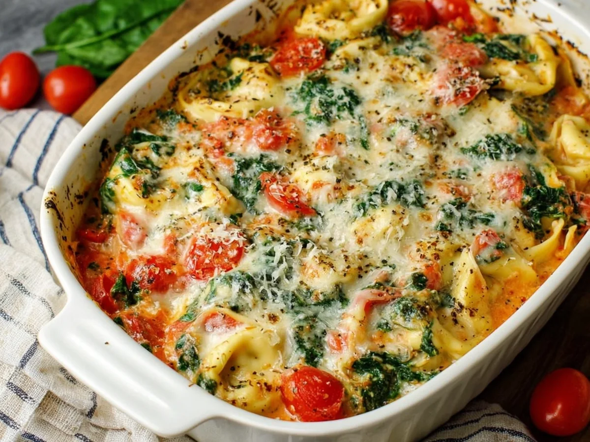 Vegetarischer Tortellini-Spinat-Auflauf mit Tomaten - Beitragsbild