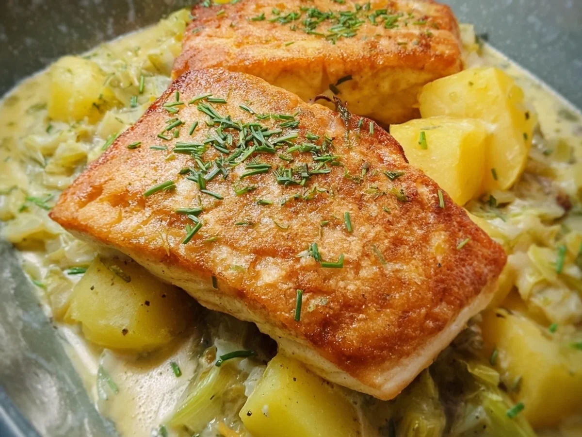 Zartes Gebratenes Seelachsfilet mit Lauch-Sahne-Soße - Beitragsbild