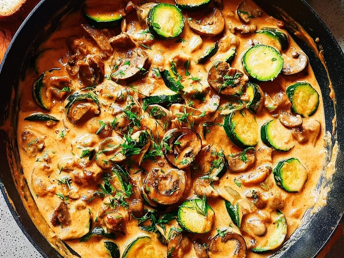 Zucchini-Bohnenpfanne cremig mit Erdnussbutter - Beitragsbild
